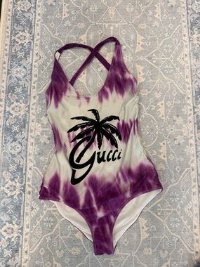 Gucci Purple and White Tie-Dye Palm Logo One-Piece